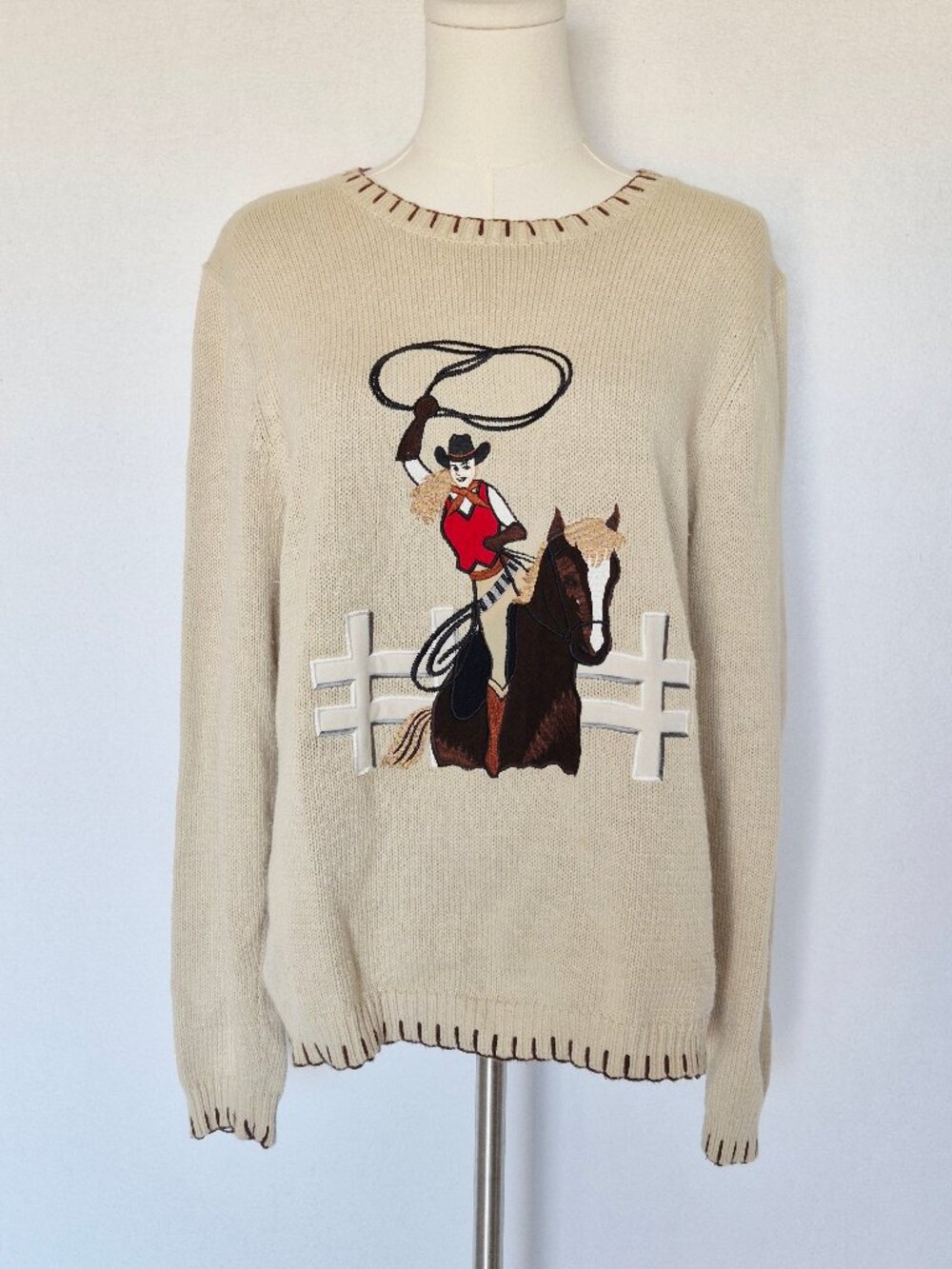 Vintage ROD'S Embroidered Western Cowgirl Crew Sweater Ramie Cotton Beige